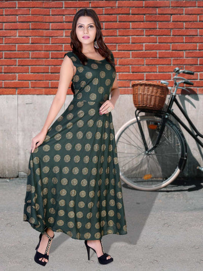 Rayon Green Maxi Long Gown Dress Gold Print