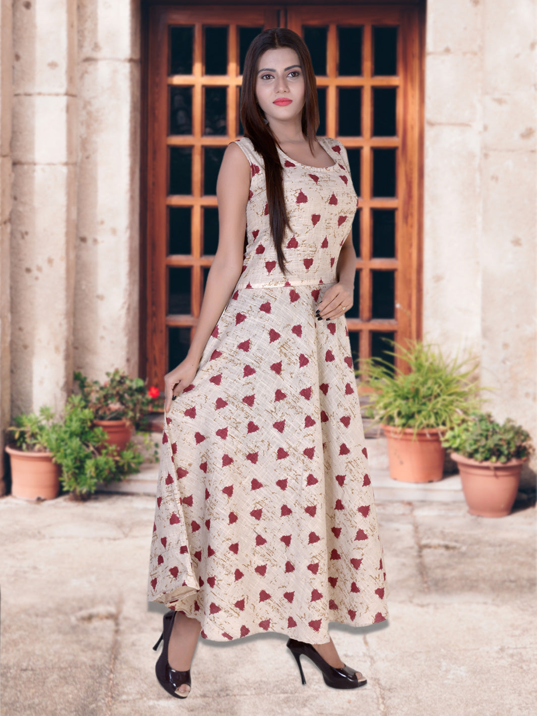 Women Cotton Printed Maxi Long Dress Red Heart