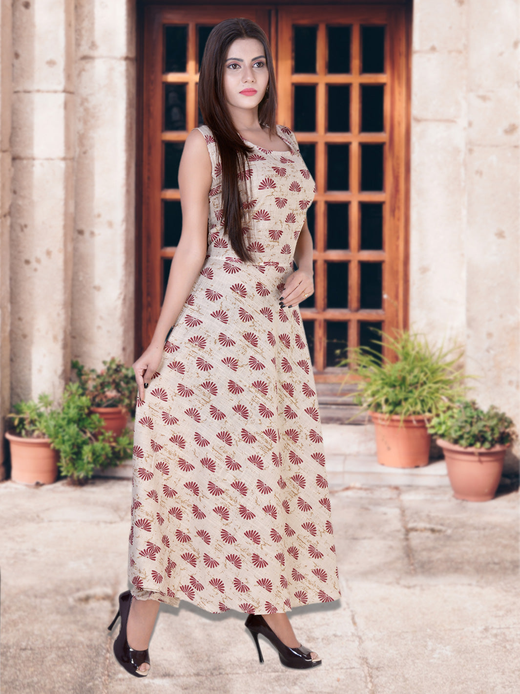 Women Cotton Maxi Long Gown Dress Maroon Print