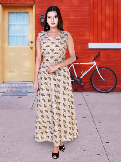 Women Cotton Maxi Long Gown Dress Mustered Leaf