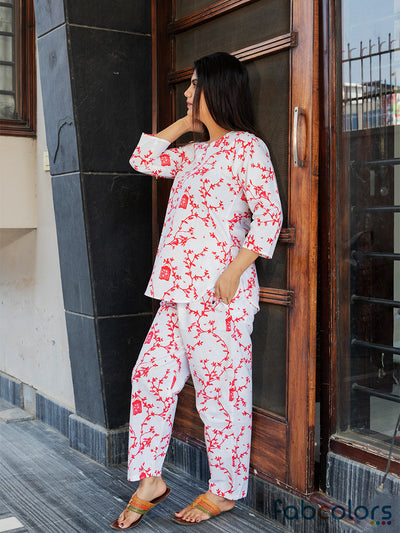 Women's Cotton Night Suit White Red Floral