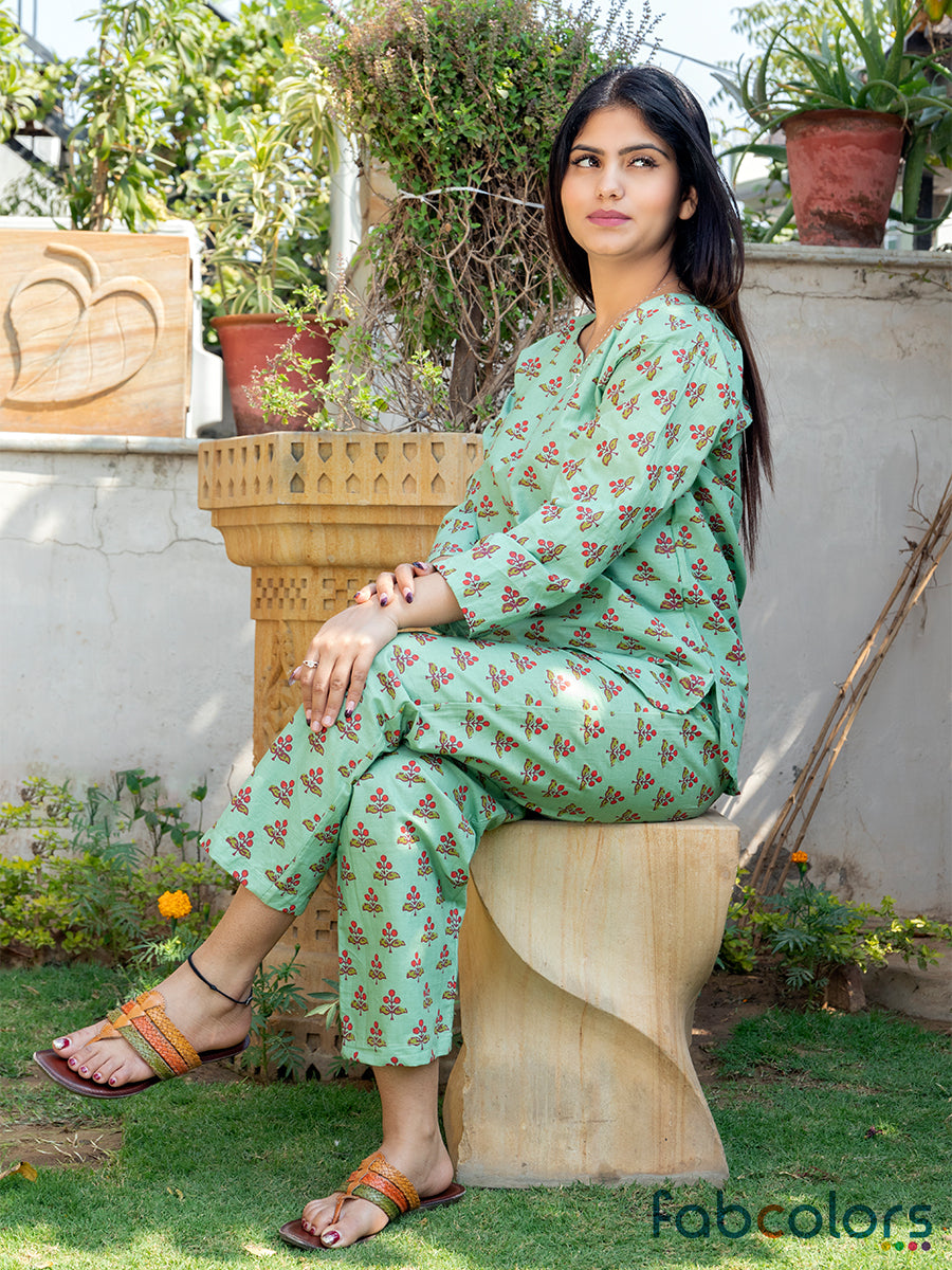 Women Night Suit Pista Green Rajasthani Buta