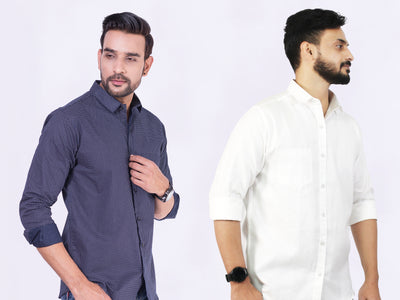 Men's Cotton Blue Dotted White Plain Shirt Combo