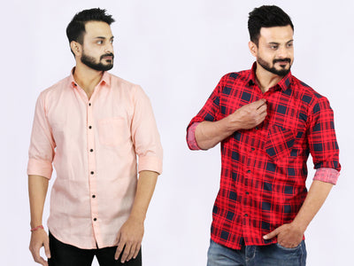 Men's Cotton Red Check & Peach Plain Shirt Combo