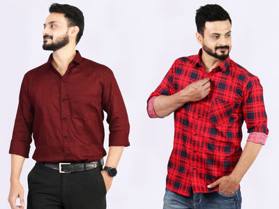 Men's Cotton Red Check & Maroon Plain Shirt Combo