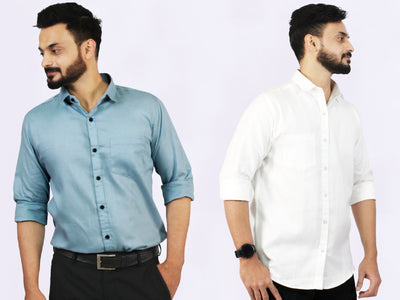 Men's Cotton Grey & White Plain Shirt Combo