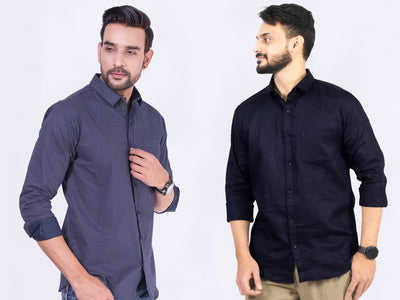 Men's Cotton Blue Dotted & Blue Plain Shirt Combo