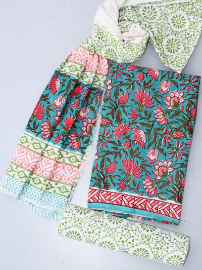 Dark Turquoise Base Floral Pure Hand Block Cotton Cambric Set
