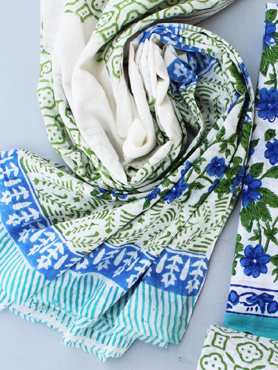 White Base Blue Floral Pure Hand Block Cotton Cambric Set